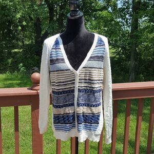 Northcrest Ladies Vintage Brown Navy Cream Striped Cardigan sz L 14 to 16